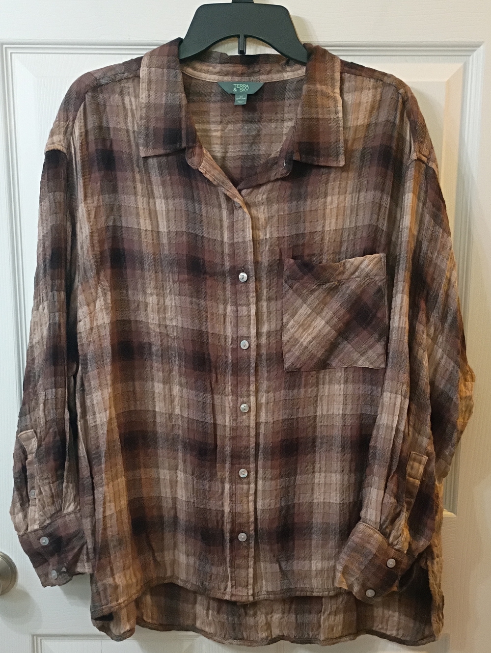 Terra & Sky Plaid Button-Down Shirt in Brown and Cream
